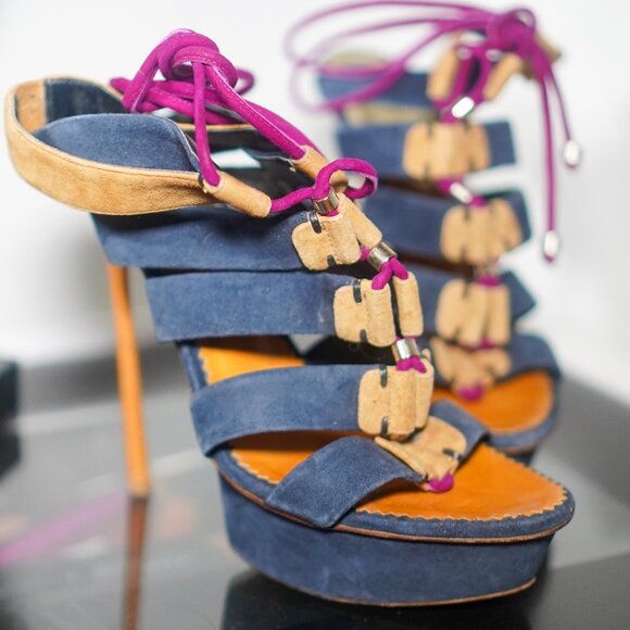 DSQUARED2 SS2012 Ankle Wrap Blue/Fuchsia Suede Platform Sandals - Picture 1 of 8